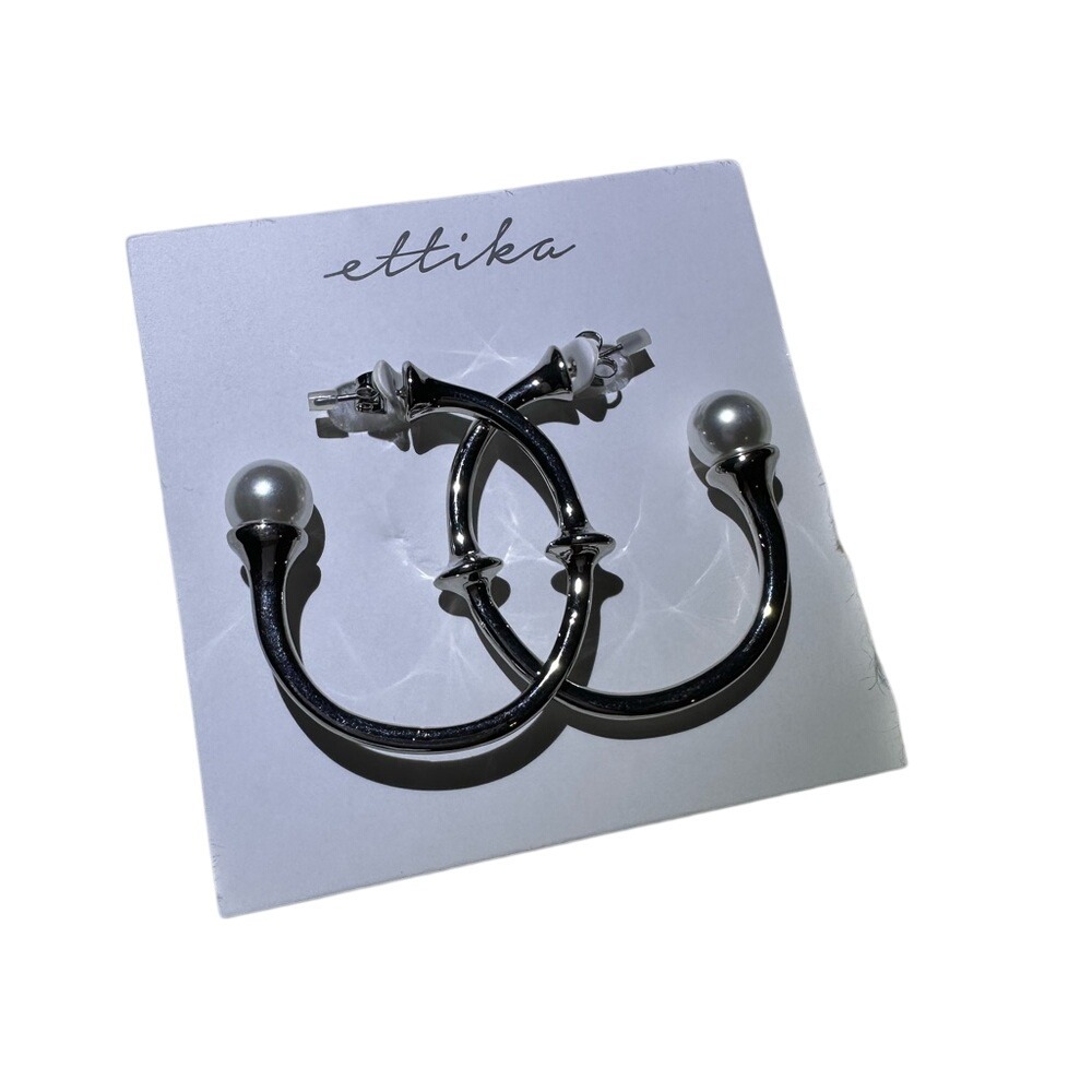 Ettika Silver Tone Hoop Earrings with Faux Pearl Accents Jewelry